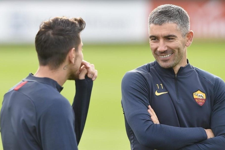 Pellegrini e Kolarov insieme durante la seduta di allenamento odierna a Trigoria, di LaPresse