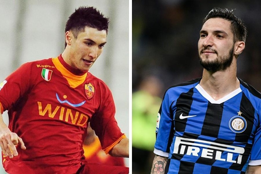 Matteo Politano con la maglia della Roma e con quella dell'Inter