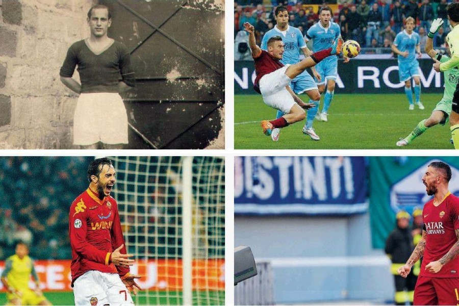 In senso orario: Marco Cassetti inaugura la serie delle 5 vittorie consecutive; Fulvio Bernardini, autore del primo gol casalingo; la leggendaria girata volante di Totti, sua undicesima firma; Kolarov li punisce al 71’; più in basso, Marco Delvecchio si i