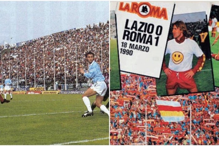 A sinistra, Voeller segna il gol dello 0-1, a destra la copertina della rivista ufficiale La Roma dedicata al derby del Flaminio