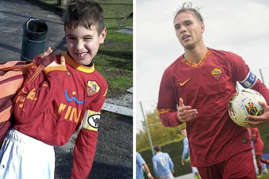 A sinistra Alessio Riccardi bambino con maglia della Roma e fascia da capitano, a destra sempre Riccardi con i gradi di capitano della Primavera