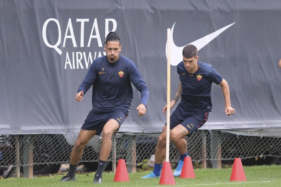 Smalling e Mancini in allenamento a Trigoria, di LaPresse