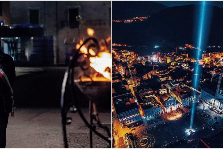 il sindaco Biondi avvolto dalla fascia tricolore, nel momento  di celebrazione notturna, di fronte la chiesa delle Anime Sante; una foto aerea della notte tra il 5 e il 6 aprile scorsi, quella della commemorazione nell’undicesimo anniversario