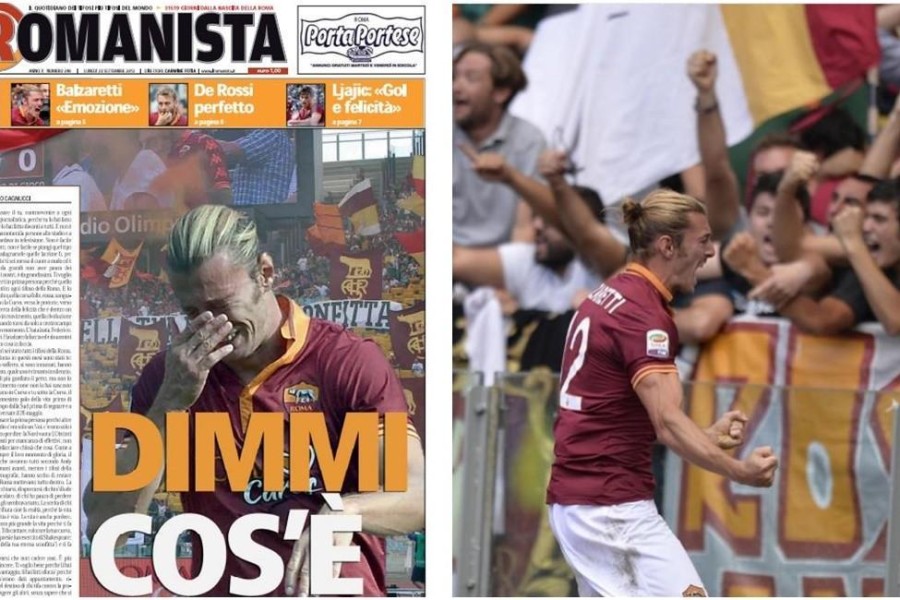 A sinistra, la prima pagina de Il Romanista del 23 settembre 2013; a destra Balzaretti esulta dopo il gol nel derby del giorno prima