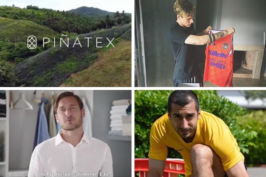 In senso orario: Smalling pubblicizza il suo investimento in Pinatex, Zaniolo con la canotta della Gillette, Mkhitaryan con il suo nuovo paio di Adidas e Totti nella pubblicità Dash