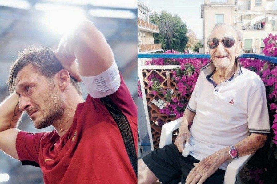 A sinistra Francesco Totti il 28 maggio 2017, a destra Domenico, che oggi compie cento anni