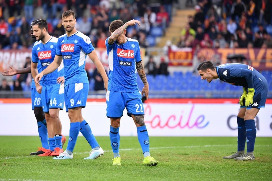I giocatori del Napoli durante la sfida d'andata contro la Roma, di LaPresse