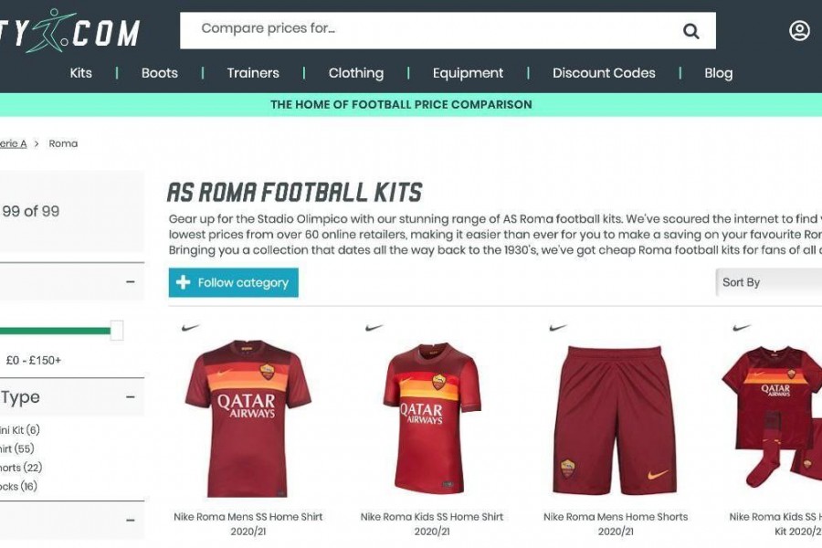 La maglia della Roma della stagione 2020/2021 in vendita sul sito footy.com