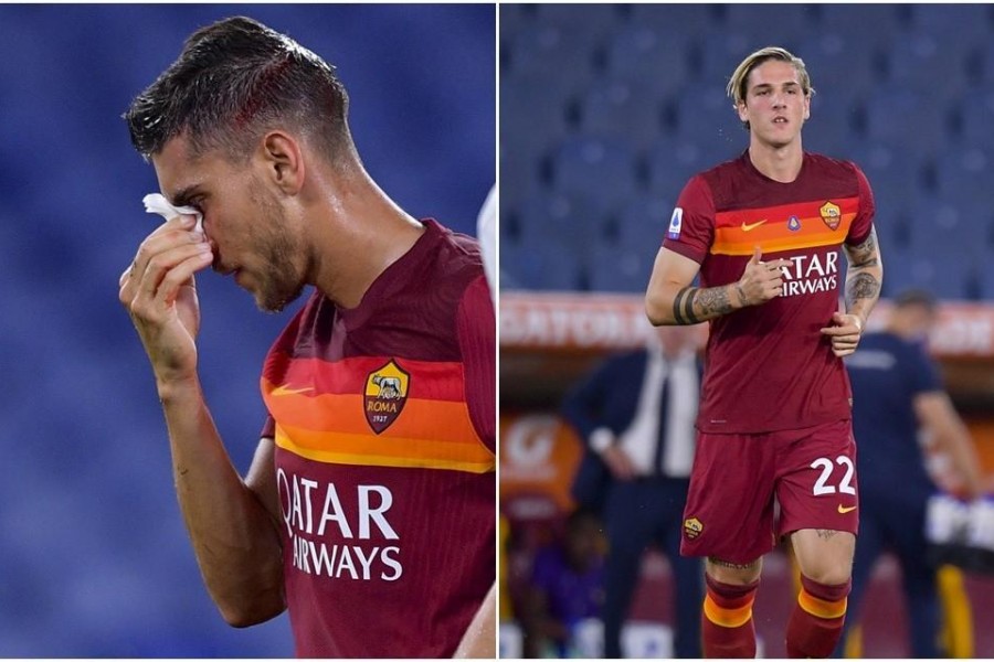 A sinistra, Lorenzo Pellegrini esce dopo la frattura del setto nasale; a destra, Zaniolo lo sostituisce, di LaPresse