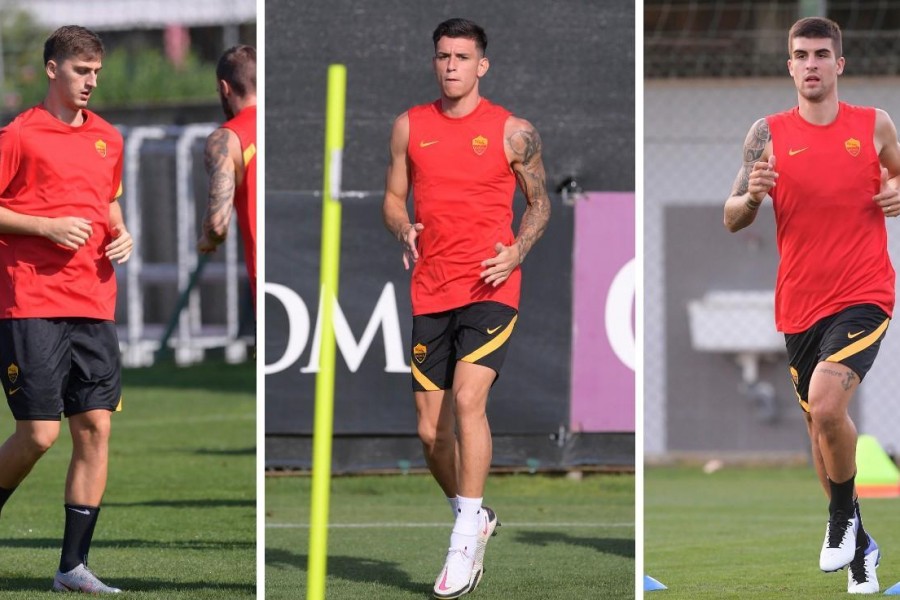 Kumbulla, Ibanez e Mancini durante gli allenamenti a Trigoria, di LaPresse