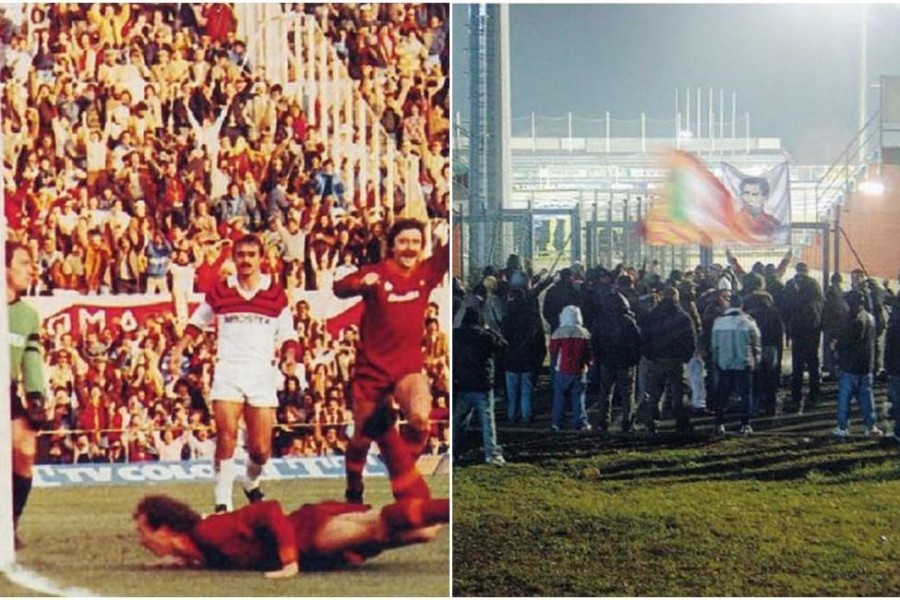 Falcao segna in tuffo durante Roma-Cagliari del gennaio 1983; i tifosi della Roma sostengono la squadra contro il Cagliari a Rieti
