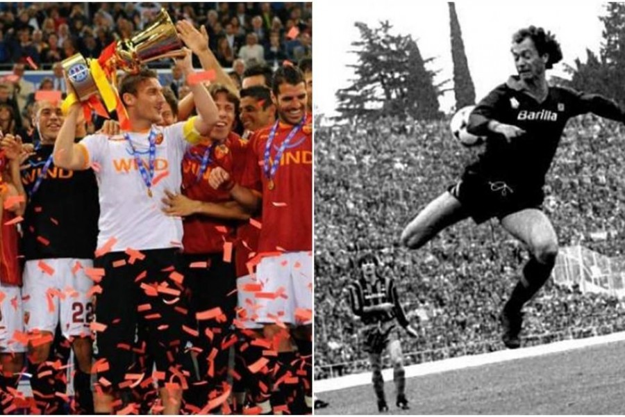 Totti alza la Coppa Italia vinta contro l'Inter nel 2008; Falcao durante un Roma-Inter nel 1982