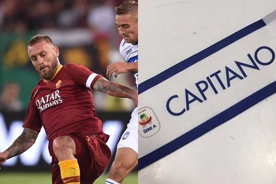 A sinistra, De Rossi durante Roma-Ataltana. A destra, la fascia della Lega Serie A