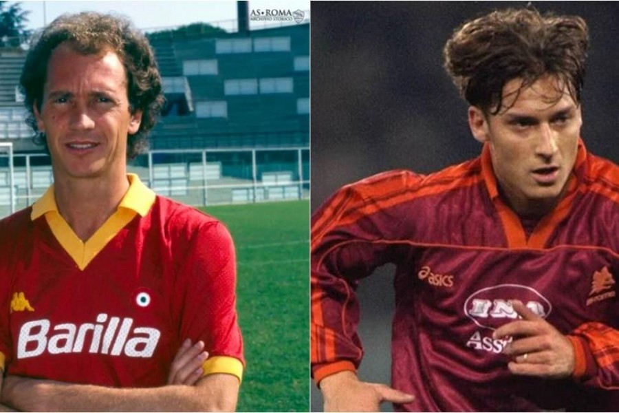 A sinistra, Paulo Roberto Falcao @Archivio Storico AS Roma; a destra Francesco Totti nel 1997