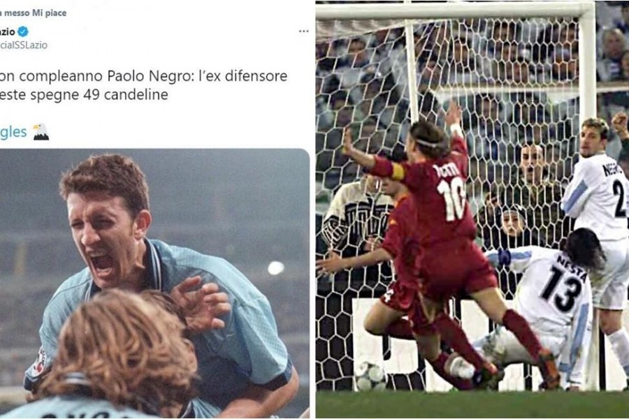 A sinistra: la Roma mette mi piace agli auguri della Lazio a Negro; a destra, l'autogol del difensore nel derby del 2000