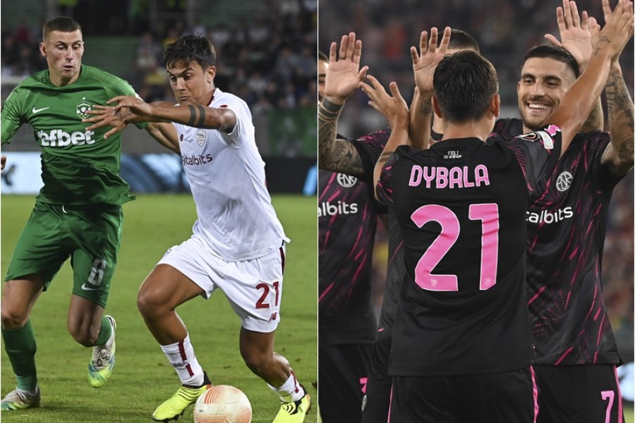 On the right, Dybala playing against Ludogorets; on the left, Pellegrini celebrating La Joya after scoring the 1-0 when facing Helsinki