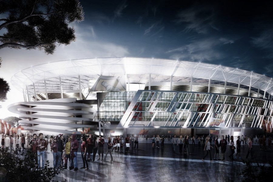 Rendering dello stadio che sarebbe dovuto sorgere a Tor di Valle