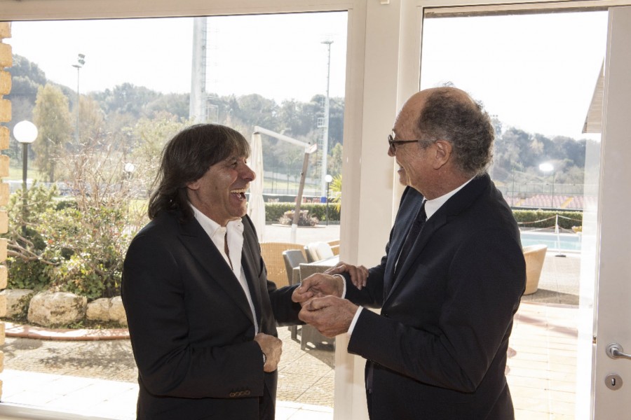 Bruno Conti e Falcao in occasione di una visita del “Divino” a Trigoria nel 2017