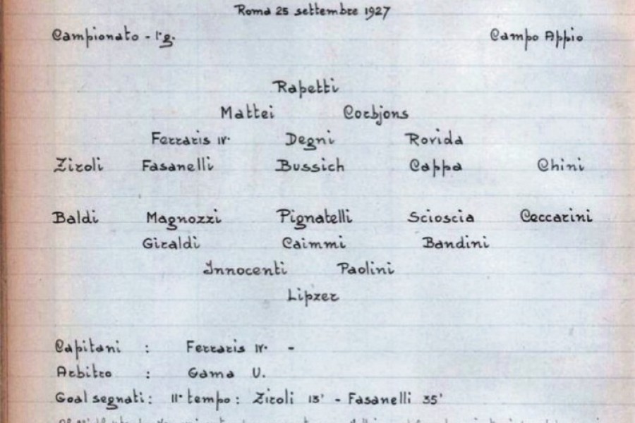 The handwritten gamesheet for Roma against Livorno, played on 25 September 1927