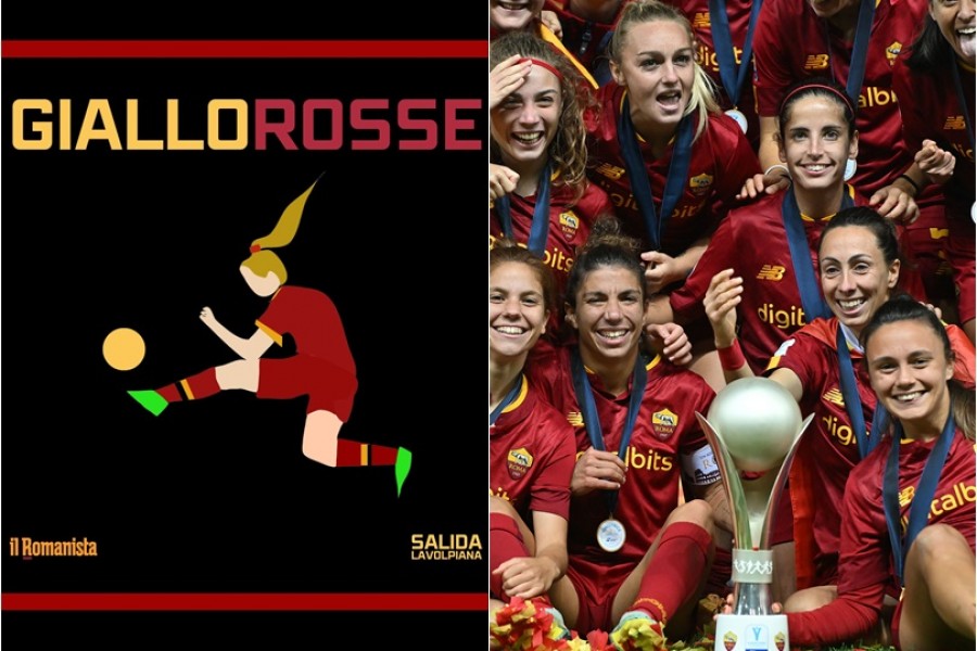 A sinistra la copertina del podcast, a destra la Roma Femminile con la Supercoppa Italia (As Roma via Getty Images)