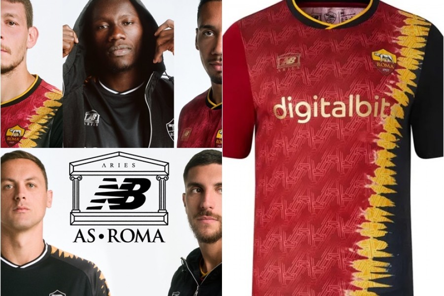 Il logo della collaborazione, i volti di Belotti, Camara, Smalling e Pellegrini e una delle maglie della collezione