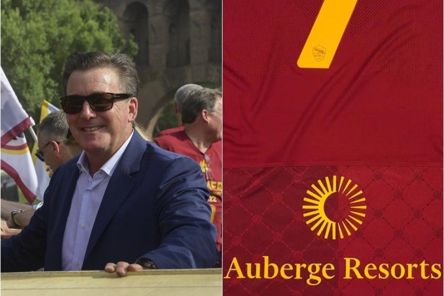 Il presidente della Roma Dan Friedkin e il logo del nuovo sponsor sulla maglia