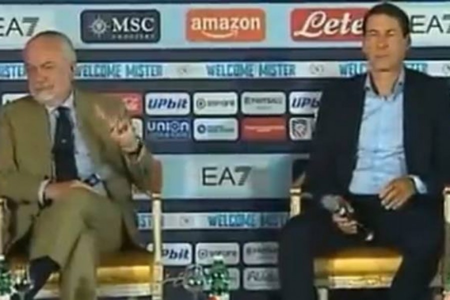 De Laurentiis e Rudi Garcia durante la presentazione dell'allenatore francese