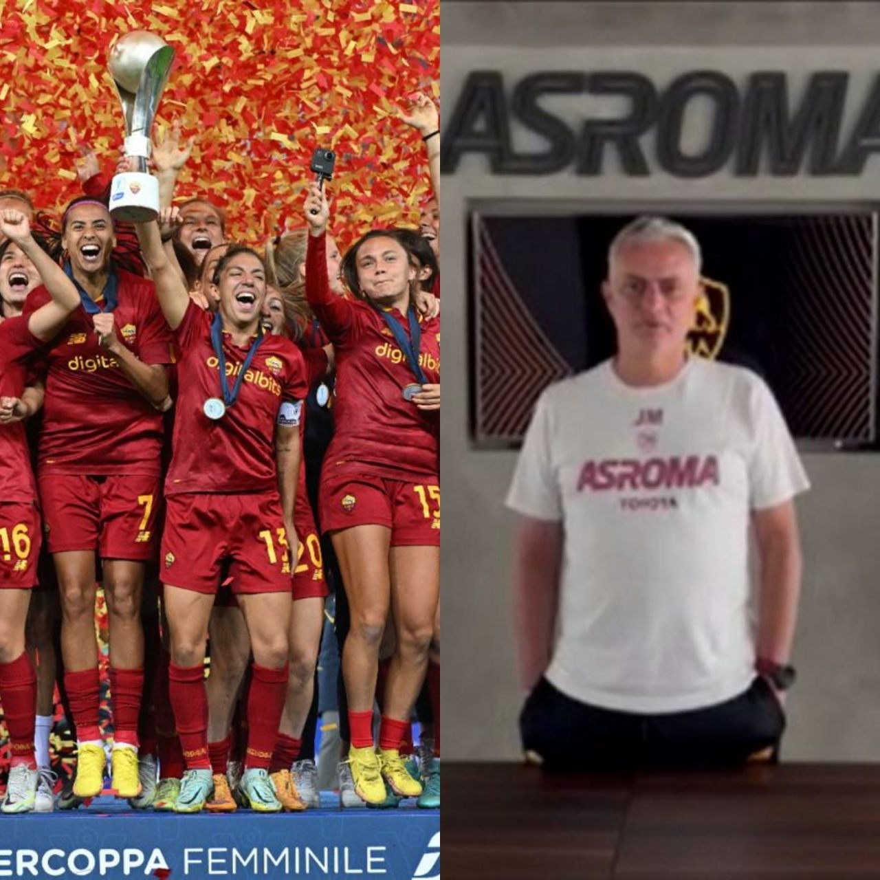 A sinistra la Roma Femminile alza la Supercoppa Italia, a destra il messaggio di Mourinho a La7