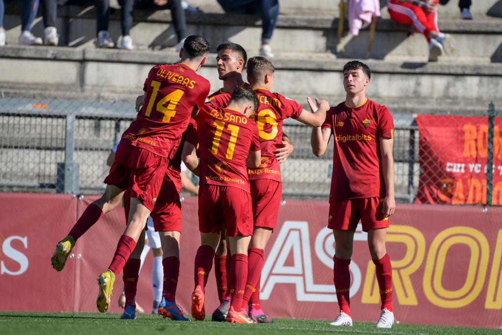 L'esultanza della Roma Primavera al gol di Pisilli durante la partita con l'Empoli