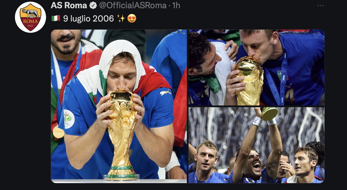 La Roma ricorda la vittoria del Mondiale del 2006 (Twitter As Roma)