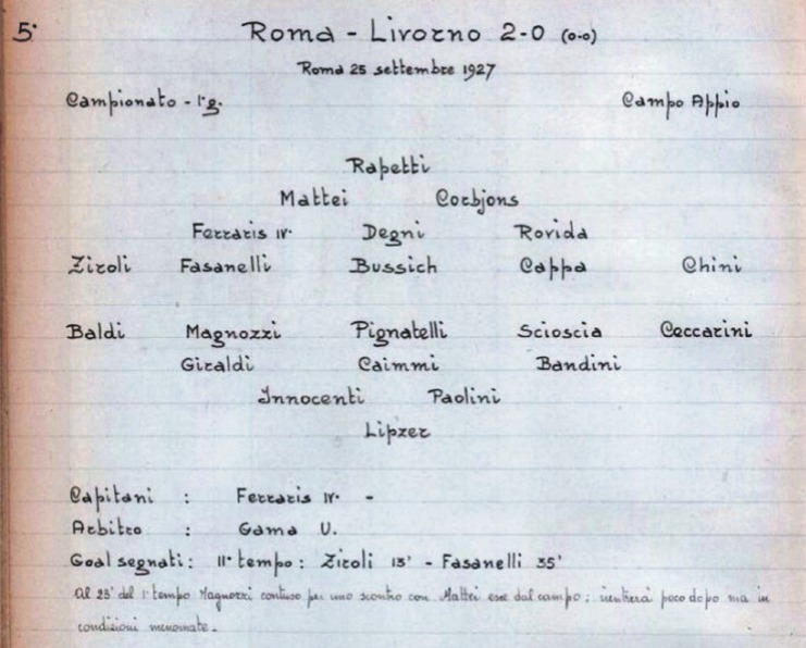 The handwritten gamesheet for Roma against Livorno, played on 25 September 1927
