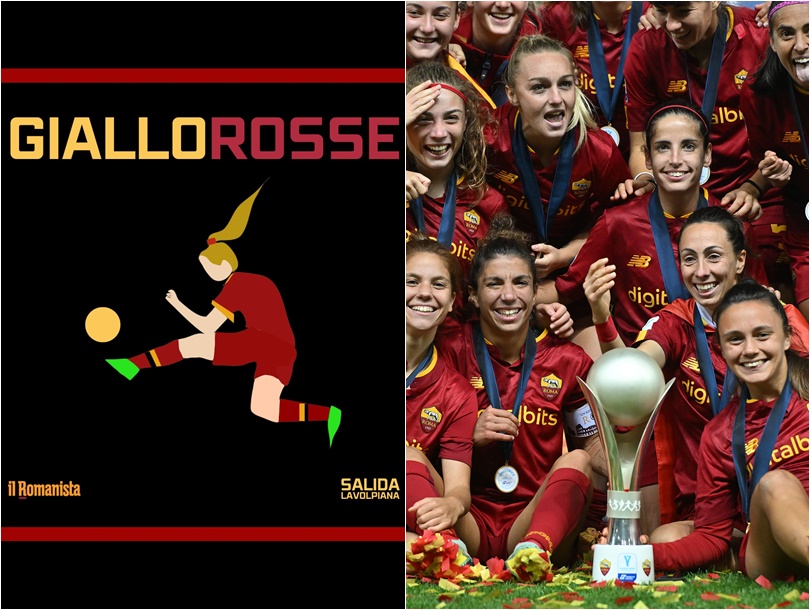 A sinistra la copertina del podcast, a destra la Roma Femminile con la Supercoppa Italia (As Roma via Getty Images)