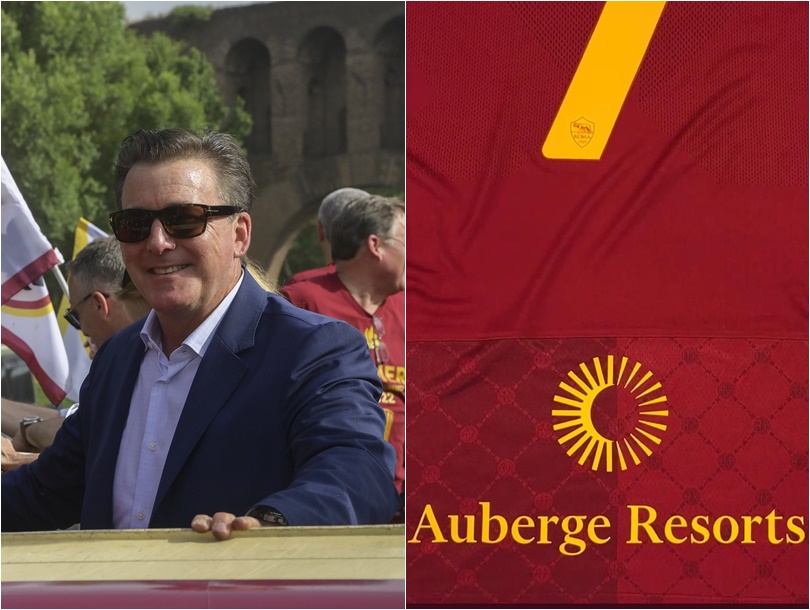 Il presidente della Roma Dan Friedkin e il logo del nuovo sponsor sulla maglia