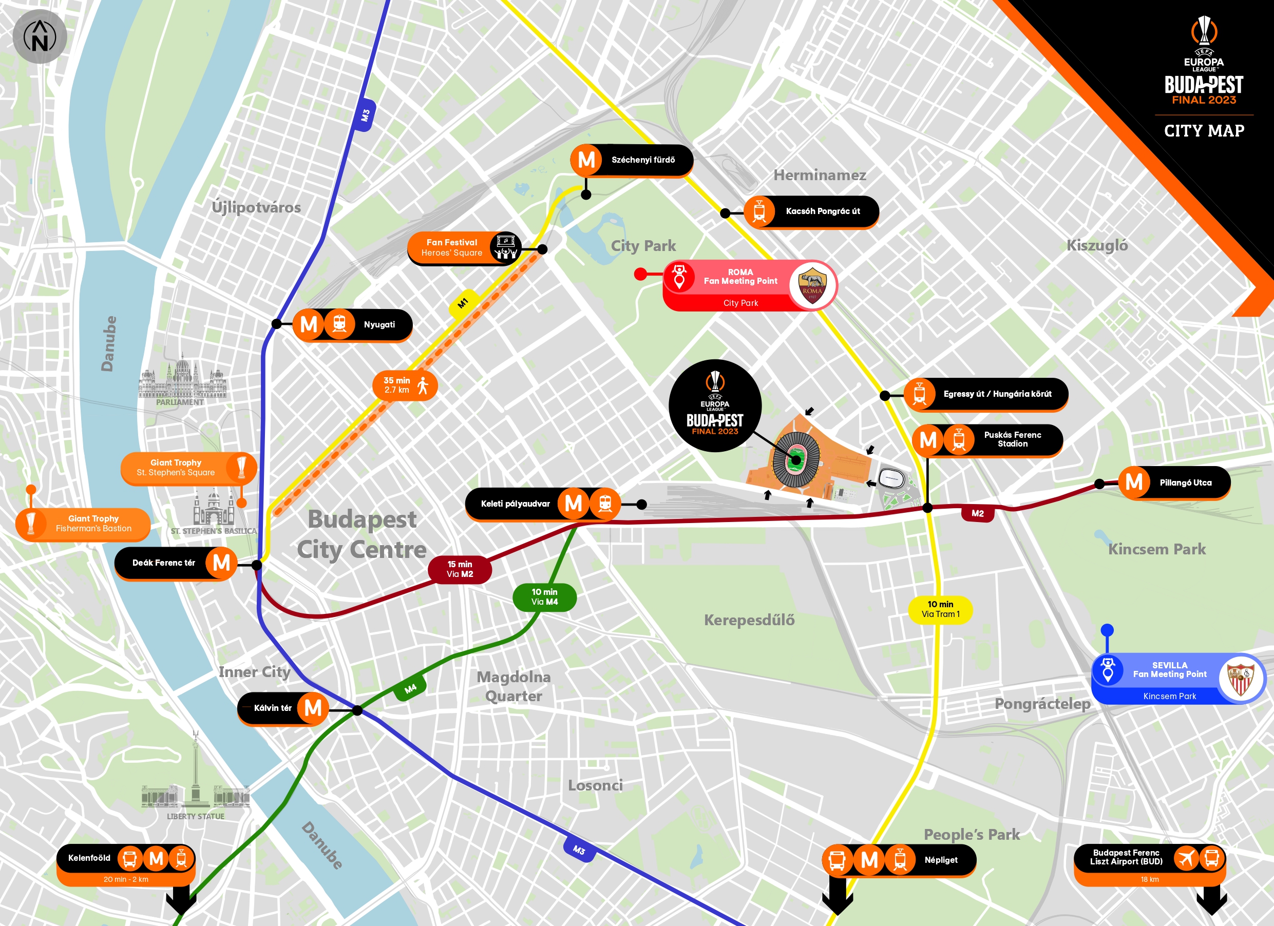 La mappa di Budapest con il meeting point per i tifosi della Roma